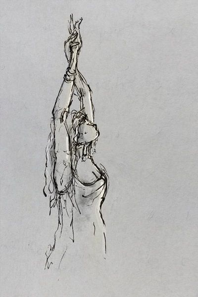 Pen tekening semi abstract vrouw sterkt haar armen naar de lucht van Emiel de Lange