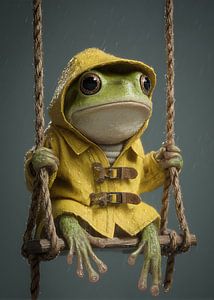 Grenouille sur une balançoire sous la pluie