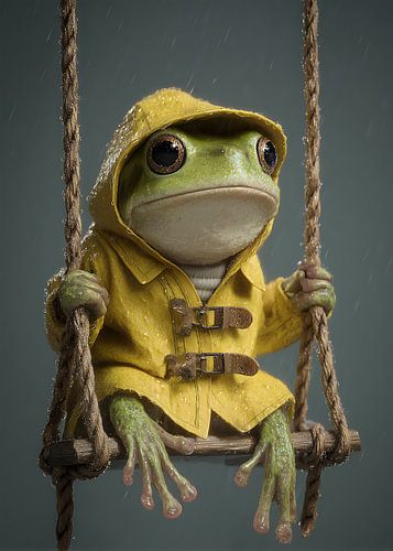 Grenouille sur une balançoire sous la pluie