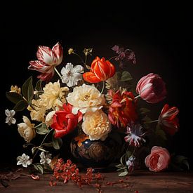 stilleven van meerdere bloemen op ouderwetse vaas van Margriet Hulsker