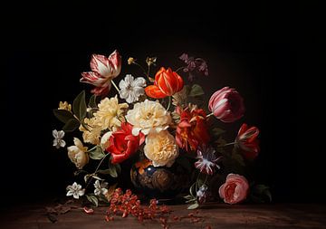 still life of several flowers on old-fashioned vase