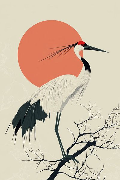Crane at Setting Sun by Eva Lee