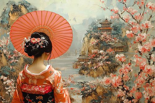 schilderachtige japanse kunst geisha in tuin