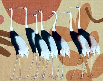 7 japanese red cranes walking in nature by Gisela - Art for you