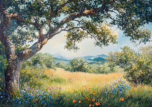 Champ vert et vallonné avec des fleurs