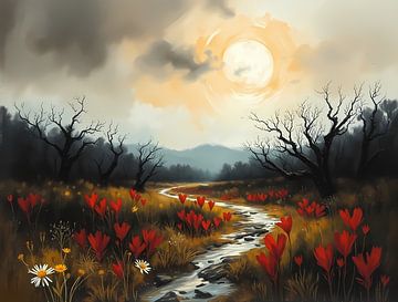 Paysage avec des fleurs rouges