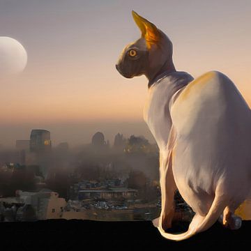 Sphynx-Katze schaut bei Sonnenuntergang mit Mond über die Stadt auf Mauer von Maud De Vries