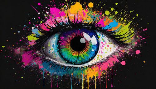 een kleurrijk oog met kleurspatten op een zwarte achtergrond