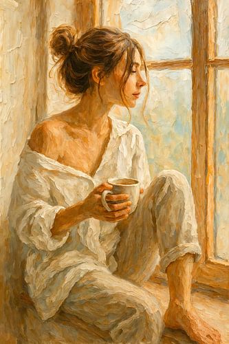 Rustig begin van de dag (kop thee koffie relaxen dromerig raam vensterbank ochtendritueel warm neutraal huiselijk boho dikke verf schilderij)