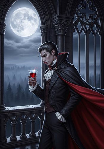 Vampir hält Weinglas auf Balkon unter Mondlicht von Markus Gann