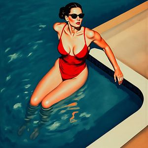 La femme en maillot de bain rouge au bord de la piscine