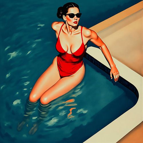 Dame in rood badpak bij het zwembad