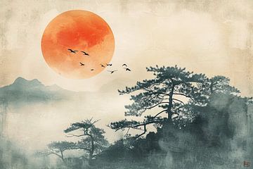 Asian zen landscape with orange sun by Vlindertuin Art
