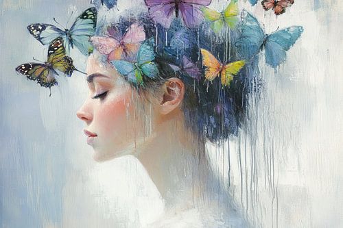 Femme avec papillons | Femme rêveuse avec papillons