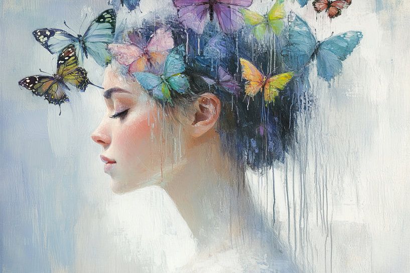 Vrouw met Vlinders | Dromerige Vrouw met Vlinders van Kunst Kriebels