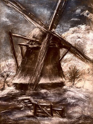 Moulin hollandais dans la neige.