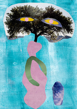 Mutter Erde in einer kleinen Vase, surrealistische Collage in Türkis