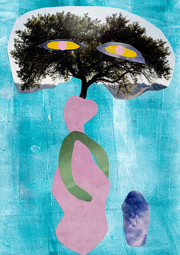Mother Earth in a small vase, a surrealist collage in turquoise