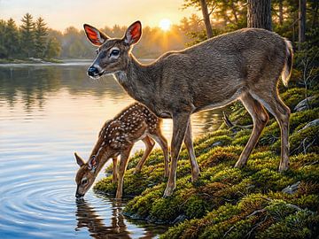 Moederliefde in het gouden licht Reeën aan het meer