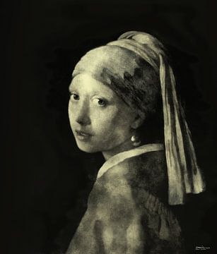 Digitale tekening van het meisje met de parel van johannes vermeer van Gelissen Artworks