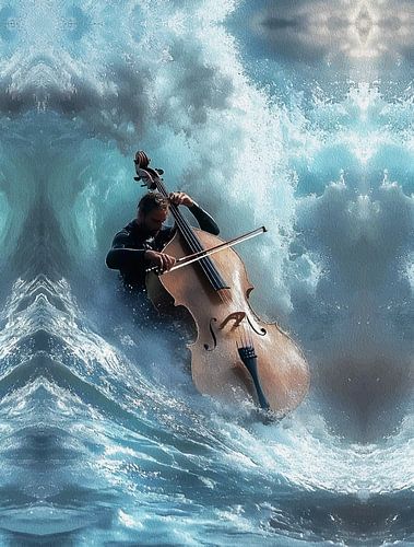Surreal Music Wall Art - Man speelt cello in oceaan golven