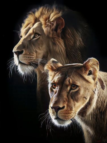 Majestueuze leeuw en leeuwin als partners van het wild in harmonie