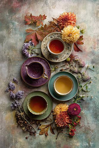 Theekopjes met Herfstbloemen - Kleurrijk Bovenaanzicht