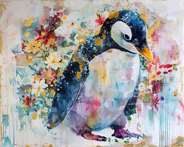 Schilderij Pinguïn Bloemen van Kunst Kriebels