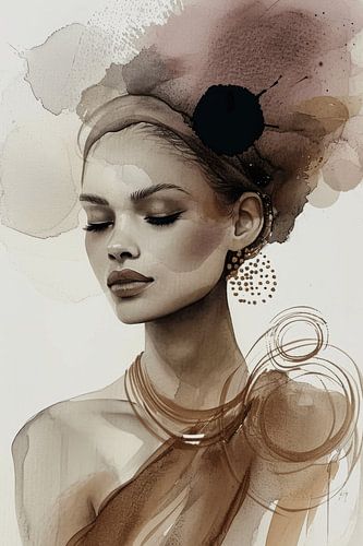 Portrait moderne et chic dans les tons de terre, aquarelle sur Carla Van Iersel