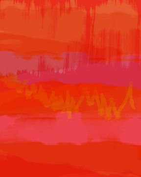Kleurrijk huis. Abstract landschap schilderij in roze, rood, oranje, paars van Dina Dankers