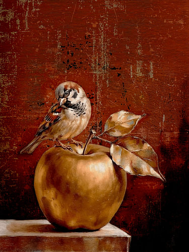 Zeitloses Stillleben mit neugierigem Spatz auf goldenem Apfel
