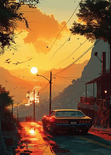 Muscle Car in zonsondergang