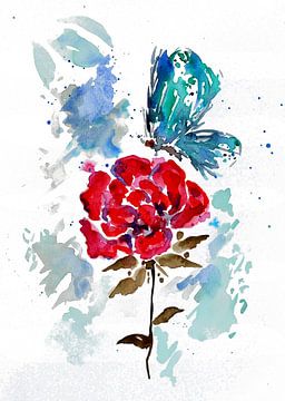 Blauwe vlinder en rode roos van Sebastian Grafmann