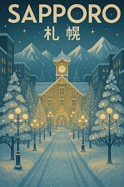 Sapporo Winter Wonderland - Besneeuwde stadslandschap & Mountain Glow Poster van Travel Shop