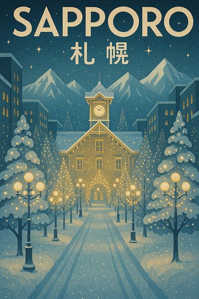 Sapporo Winter Wonderland – Snowy Cityscape &amp; Mountain Glow Poster by Travel Shop