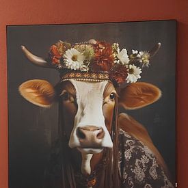 Klantfoto: Versierde bruine Zwarte Woud koe van YArt, als artframe