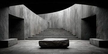 Stufenraum aus Beton mit zentralem Steinblock von Klaus Tesching - Art-AI