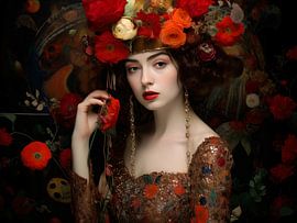 La beauté mystérieuse d'une femme coiffée d'une luxuriante couronne de fleurs rouges sur Glitzy Fusion Frames