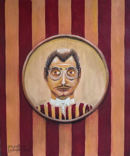 W.J. Strijker, portrait of a railway engineer in a pinstripe suit against a striped wallpaper