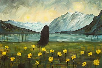 Abstract schilderij van berglandschap met bloemen van De Muurdecoratie