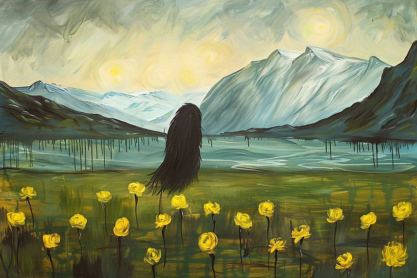 Abstract schilderij van berglandschap met bloemen van Art & Soul Creations