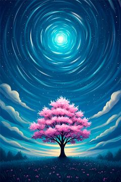 Blossoming Tree Under a Magical Twilight Sky