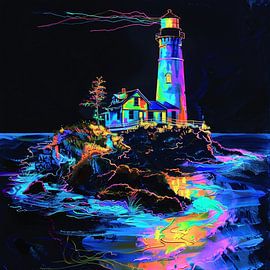 Néon paysage île phare ciel lumineux noir