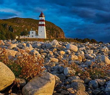Blue hour sneaks up on the golden hour at Alnes Lighthouse, Godøy, Norway by qtx
