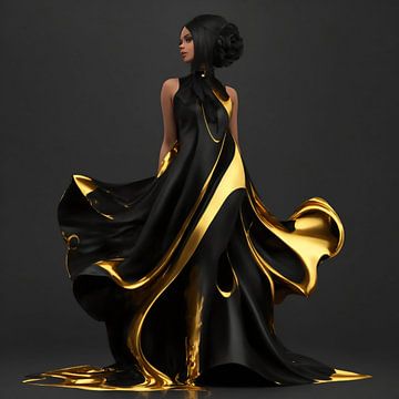 Vrouw in een mooie goud en zwarte jurk.