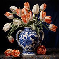 Delfts blauwe vaas met rood witte tulpen