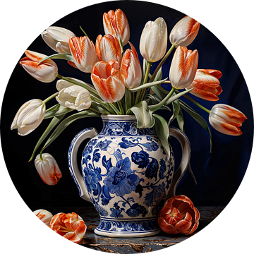 Delfts blauwe vaas met rood witte tulpen van Vlindertuin-Art