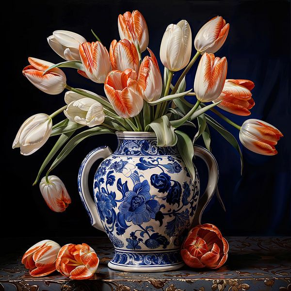 Vase bleu Delft avec tulipes rouges et blanches par Vlindertuin-Art