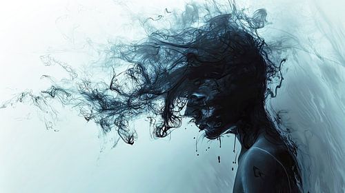 Portrait aux cheveux sauvages et à la fumée