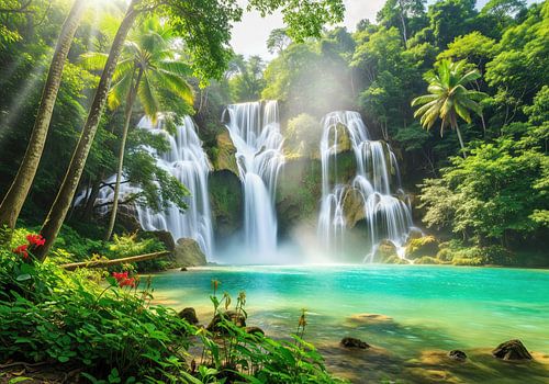 Waterval in tropisch bos met turquoise zwembad